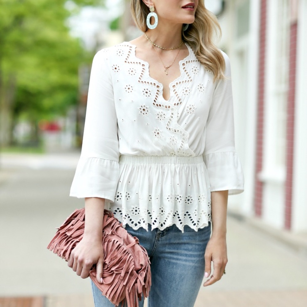 Size PM Ivory Eyelet Surplice Peplum Blouse